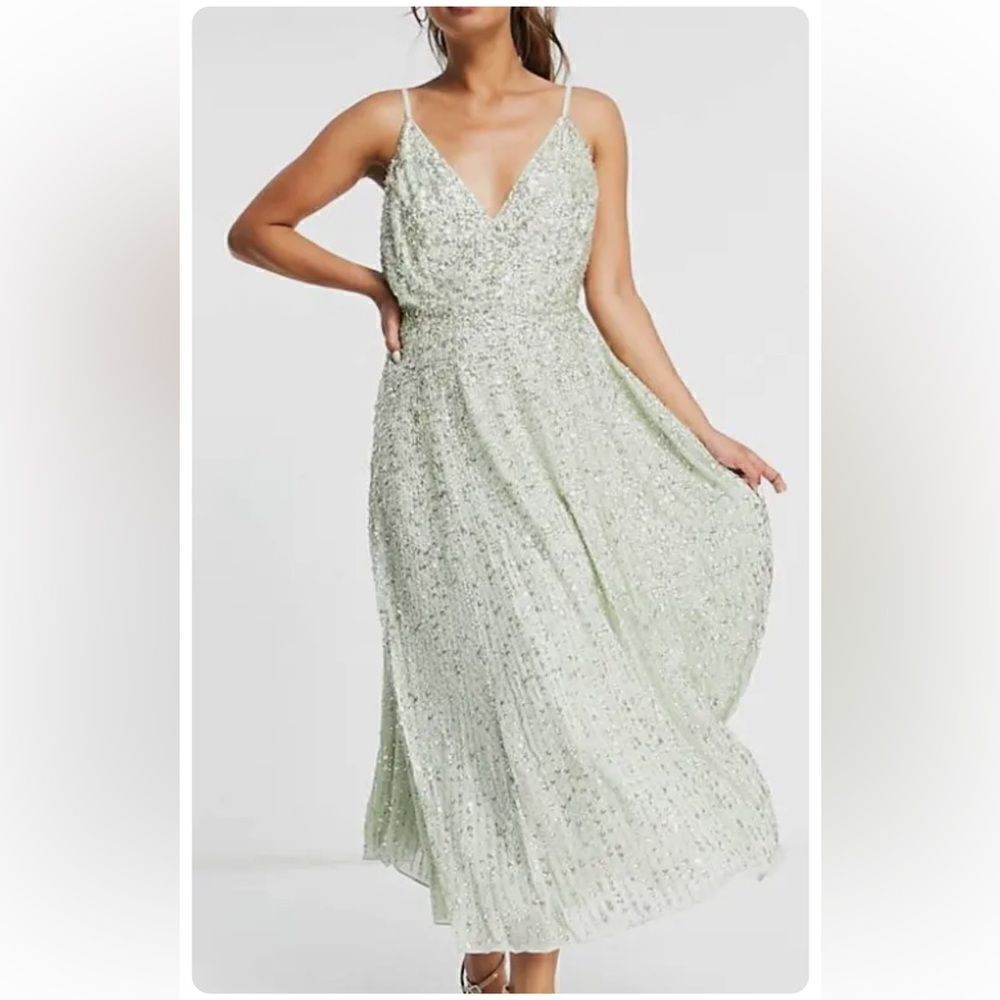 Asos Edition Embellished Cami Open Back Midi Dress Sage Green US14 NWT MSRP $297